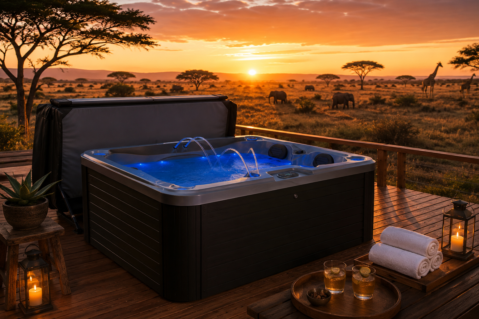 Outdoor hot tub overlooking the Kenyan savannah at golden hour