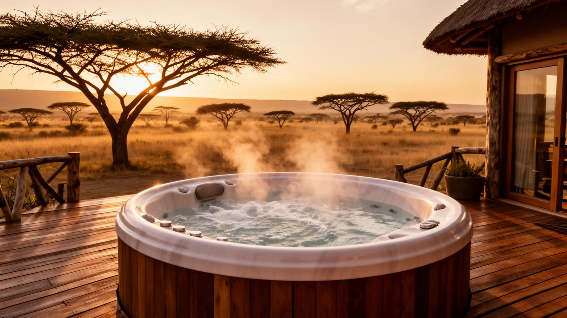 Outdoor hot tub overlooking the Kenyan savannah at golden hour